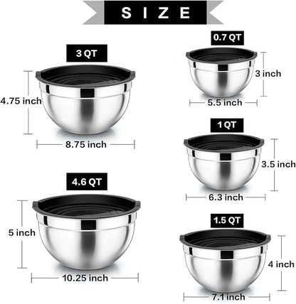 P&P CHEF Mixing Bowls with Airtight Lids Set of 5, 10-Piece Stainless Steel - Image 4