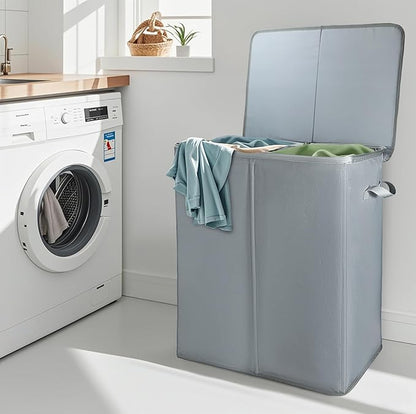 Voova 154L Double Laundry Hamper with Lid and 2 Removable Laundry Bags, Large Collapsible 2 Dividers Dirty Clothes Basket with Handles for Laundry Room, Bedroom, Bathroom, College Dorm, Grey