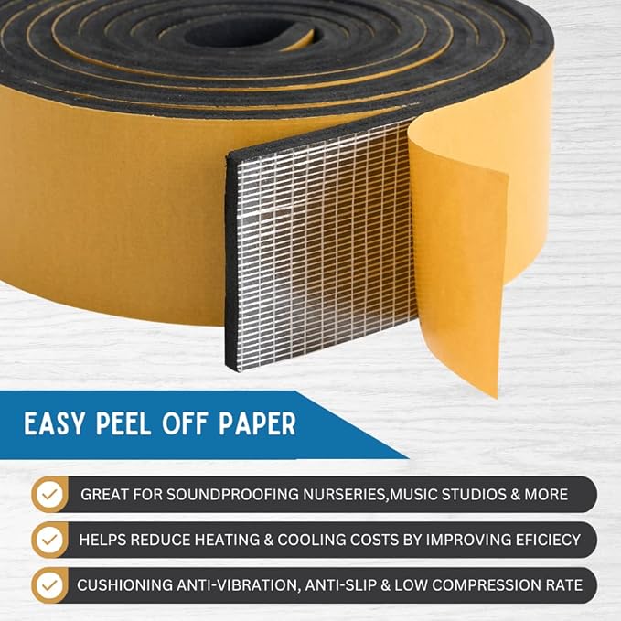High Density Foam Weather Stripping Door Seal Strip Insulation Tape Roll for Insulating Door Frame, Window, Air Conditioner | Self Adhesive Sealing Weatherstrip (2 in x 1/16 in x 10 Ft, Black)
