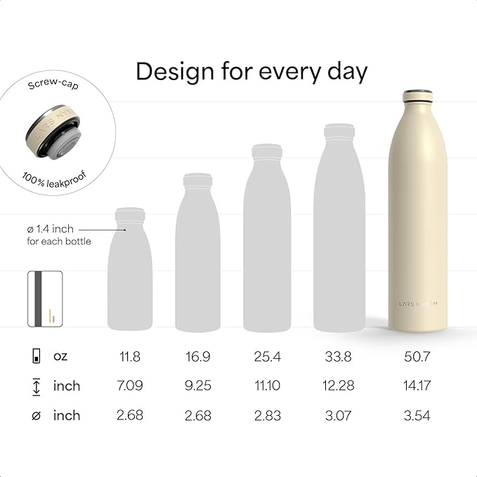 LARS NYSØM Stainless Steel Insulated XL Water Bottle 12oz 17oz 25oz 34oz 51oz | Insulated Thermo Flask for Hot and Cold Beverages | Leakproof Drinking Bottle (Taupe Brown, 50.7 oz)