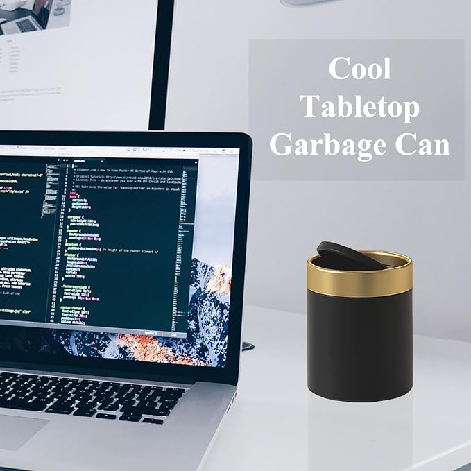 Mini Trash Can with Lid, Metal Small Tiny Mini Trash Bin Can, Mini Countertop Trash Cans for Desk Car Office Kitchen, Swing Top Trash Bin 1.5 L/0.40 Gal (Black)