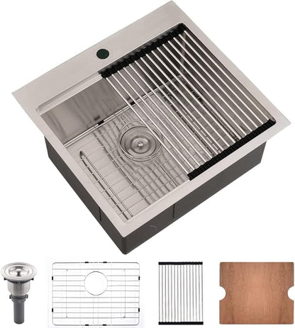 Bar Sink Drop In Workstation-Bokaiya 21x20 Small Drop In Kitchen Sink Stainless Steel Outdoor RV 16 Gauge Top Mount Single Bowl Wet Bar Sinks with Cutting Board