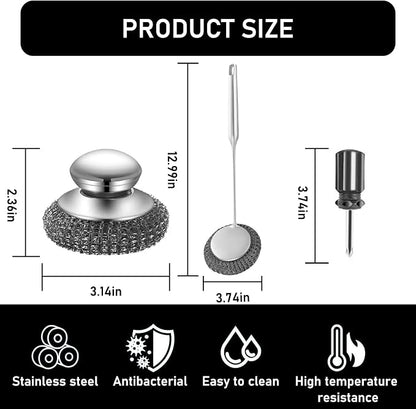 Stainless Steel Wool Metal Wire Scrubber Sponge Scouring Pads Brush Set - Image 3