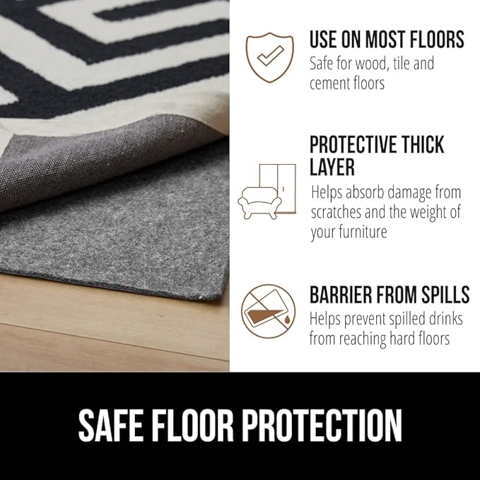 GORILLA GRIP Felt and Natural Rubber Stay in Place Slip Resistant Rug Pad, 1/4in Thick, 6x9 FT Protective Padding Under Area Rugs, Cushioned Gripper Pads, Carpet Runners, Hardwood Floors Protection