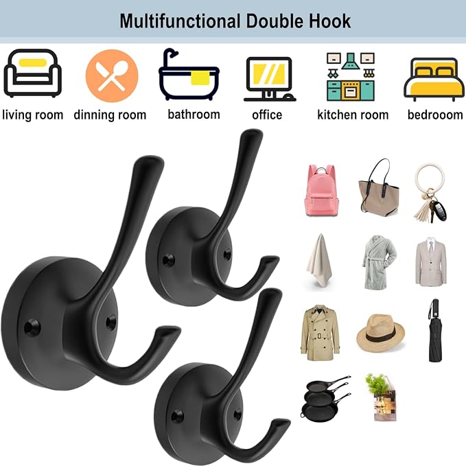 Black Wall Hooks, 6 Pack Coat Towel Hook Heavy Duty Metal Double Bath Robe Hook - Image 6