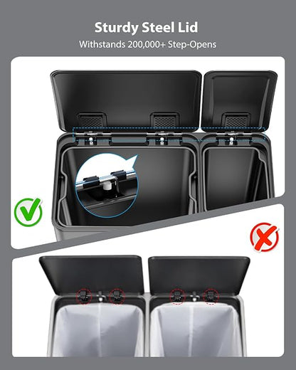 Dual Trash and Recycling Bins for Kitchen, 13.2 + 5.2 Gal Stainless Steel Trash - Image 8