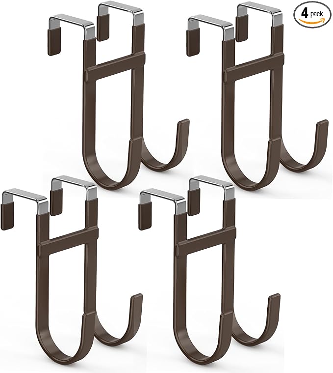 FYY Over The Door Hooks - 4 Pack Heavy Duty Dual-Hook Organizer Hanger with Non-Slip Rubber for Towels, Clothes, Hats & Bags Use in Bathroom, Bedroom, Kitchen - Fits Interior Doors Up to 1 3/8" Brown