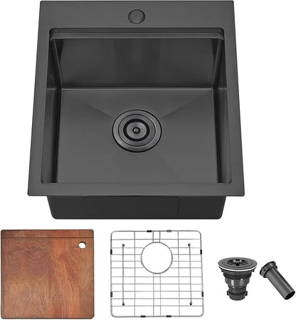 COMLLEN 17x19 Inch Black Drop in Bar Sink, 304 Stainless Steel Utility Kitchen Workstation,Gunmetal 9 Inch Deep Wet Bar Sink, RV Laundry Prep Kitchen Sinks with Dish Grid & Drain & Cutting Board