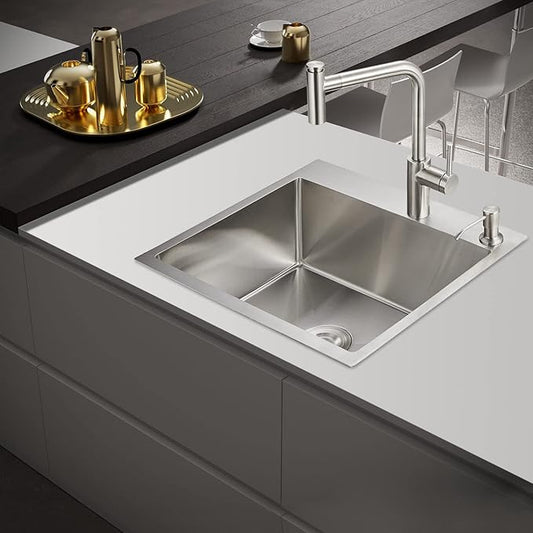 POPFLY 24×18 Inch Drop in Kitchen Sink, Topmount Handmade Single Bowl 18 Gauge 304 Stainless Steel Overmount Kitchen Sinks, Brushed