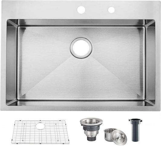 Comllen 28 Inch Drop in Kitchen Sink,28x18 Inch Top Mount 18 Gauge Stainless Steel Deep Kitchen Sinks,Brushed Nickel Single Bowl RV Laundry Utility Sink