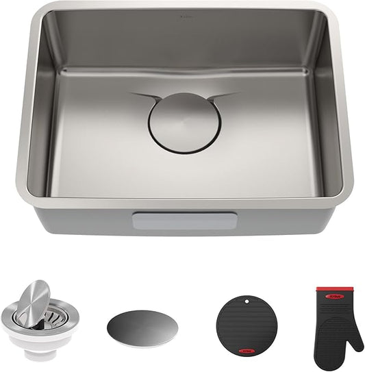 KRAUS Dex 25-Inch Undermount Single Bowl TRU16 Gauge Stainless Steel Kitchen Sink with DrainAssure WaterWay and VersiDrain Assembly in Radiant Pearl Finish, KD1US25B