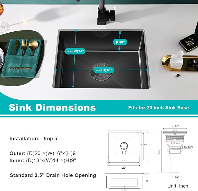 20-inch Undermount Kitchen Sink Black, T304 Stainless Steel Single Bowl Kitchen Sink Undermount, 9-inch Deep Sink Bowl Small Bar Sink, D20"xW16"xH9"