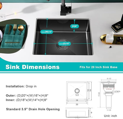 20-inch Undermount Kitchen Sink Black, T304 Stainless Steel Single Bowl Kitchen Sink Undermount, 9-inch Deep Sink Bowl Small Bar Sink, D20"xW16"xH9"