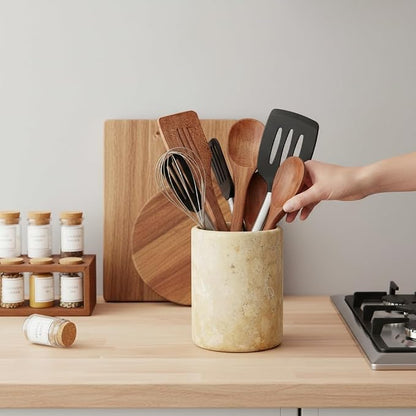 Marble Utensil Holder 6.5 Inch Travertine Utensil Caddy, Wooden Cooking - Image 4