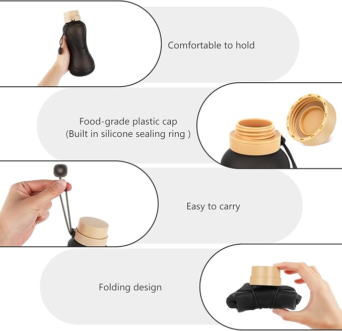 Collapsible Water Bottles,650ml,Leak Proof,Reuseable BPA Free Silicone Foldable Water Bottles,Durable Lightweight for Travel Gym Camping Hiking,Compact Size Portable Sports Water Bottle (Black)