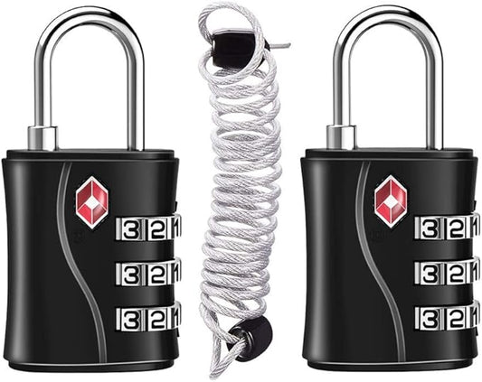 ZHEGE TSA Locks for Luggage, 3 Digit Luggage Lock with Flexible Cable (80cm) for Travel, School, Backpack, Suitcases, Gym Locker (Black, 2Pack)