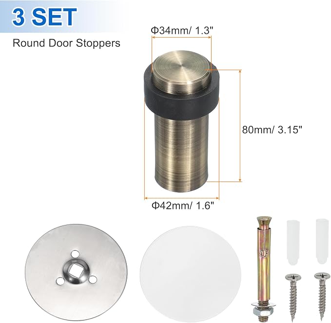 PATIKIL 3Set Round Door Stoppers, 80mm Stainless Steel Door Stop Doorstop Wedge - Image 2