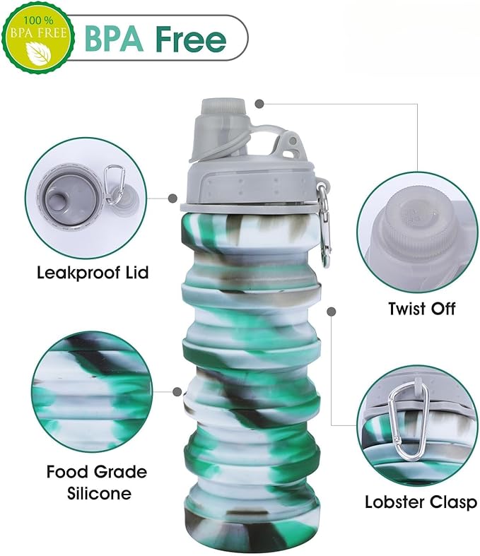 Rainbow Collapsible Water Bottles for Kids, Students, Adults, Reusable BPA Free Silicone Foldable Sports Water Bottles for Travel Camping Hiking, Folding Travel Water Bottles, Gary & Green