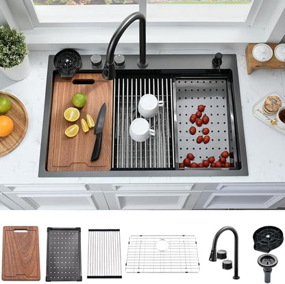 33 Inch Black Waterfall Drop In Kitchen Sink with Fuacet Combo-Bokaiya 33x22 Waterfall Kitchen Sink with Cup Washer Stainess Steel Top Mount 16 Gauge Deep Single Bowl Modern Kitchen Sinks