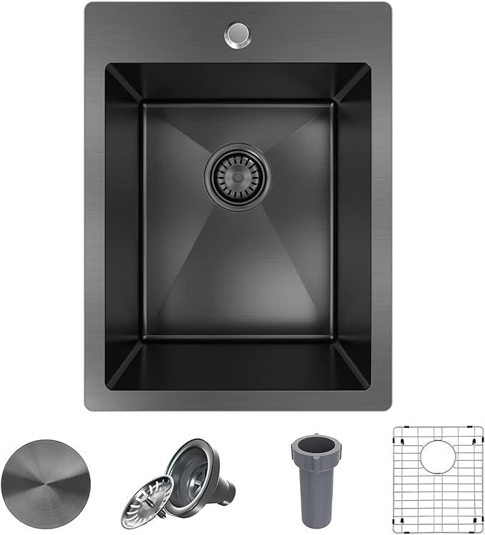 15x20 Drop In Bar Sink Black, 15 Inch Gunmetal Black Wet Bar Sink 18 Gauge Single Bowl Topmount Stainless Steel Small Kitchen Sink with Basket Strainer Drain & Bottom Grid