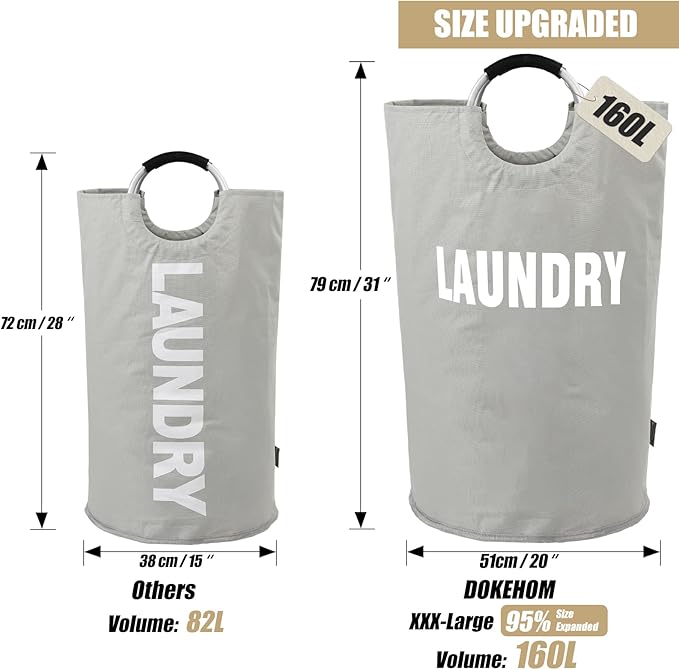 DOKEHOM 160L XX-Large Laundry Basket (7 Colors), Collapsible Laundry Bag, Foldable Laundry Hamper, Folding Washing Bin (Grey, XXL)