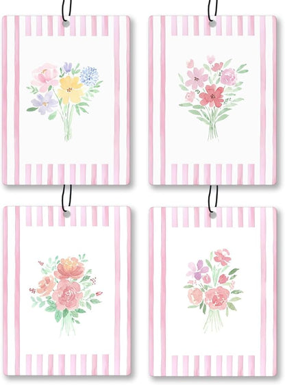 Girly Pink Floral Car Air Freshener 4 Pcs, Preppy Pink Striped Flower Hanging by Unknown