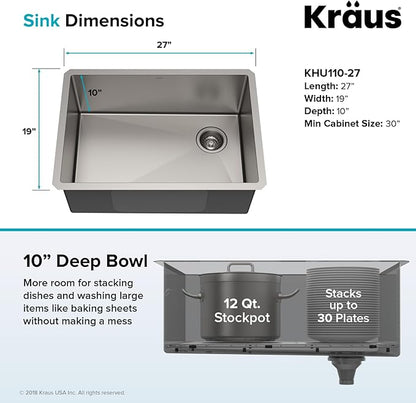 Kraus KHU110-27 Standart PRO 27-inch 16 Gauge Undermount Single Bowl Set (5 Item Bundle: Sink, Bottom Grid, Assembly, Drain Cap, Kitchen Towel), 27 Inch, Stainless Steel