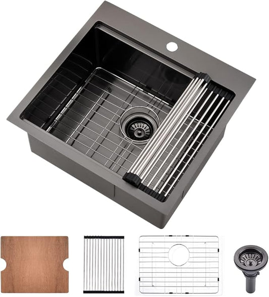 21 Inch Drop In Bar Sink- Bokaiya 21x20 Black Stainless Steel Drop In Wet Bar Outdoor RV Sink Topmount 16 Gauge Single Bowl Kitchen Sinks with Cutting Board