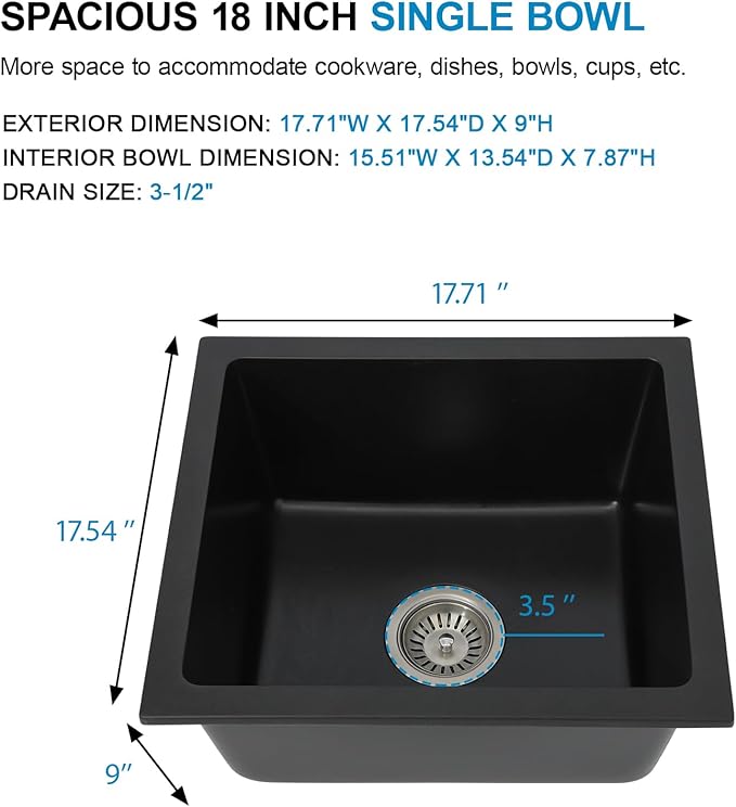 18 Granite Composite Bar Sink - Donsdey 18”×16” Undermount Granite Kitchen Sink Black Quartz Classic Composite Under Counter Single Bowl Bar Prep RV Sinks Basin