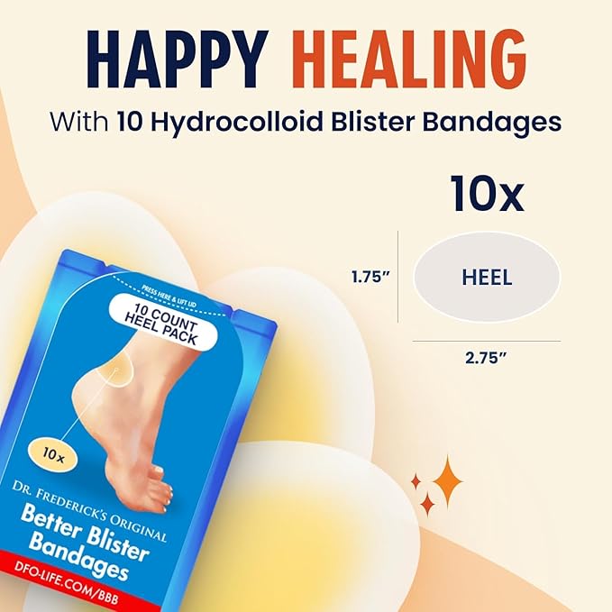 Dr. Frederick's Original Better Blister Bandages - 10 ct - Water-Resistant - 40% More Cushioning - Hydrocolloid Pads for Foot & Heel Protection & Recovery - Blister Relief Pads - Heel Pack