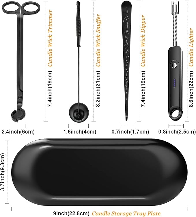 Lsnisni 5Pcs Candle Accessory Set With Rechargeable Electric Lighter, Storage Tray, Wick Trimmer, Snuffer, Dipper - Stainless Steel Care Kit With Gift Package for Candle Lovers - Black