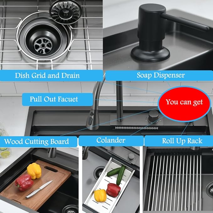 33 Inch Black Waterfall Kitchen Sink Workstation -Bokaiya 33x19 Drop In Kitchen Sink with Faucet Black Stainless Steel Waterfall Sink 16 Gauge Single Bowl Modern Kitchen Sinks with Cutting Board