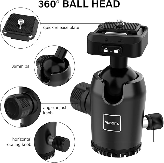 Geekoto 73-Inch Camera Tripod - Lightweight DSLR Tripod with 360° Ball Head & Quick Release Plate, Supports Up to 33.07 lbs, Portable for Travel & Outdoor Photography