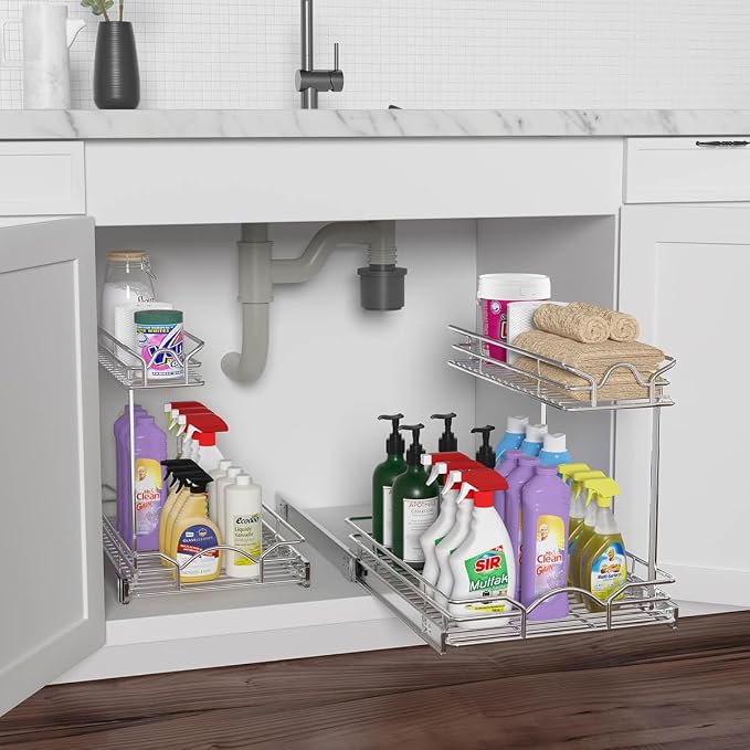OCG Under Sink Cabinet Organizer Two Tier Pull Out Shelf, Under Sink Sliding - Image 4