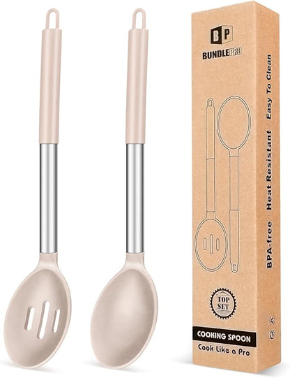 Pack of 2 Large Silicone Cooking Spoons, Non Stick Solid Basting Spoon by BUNDLEPRO