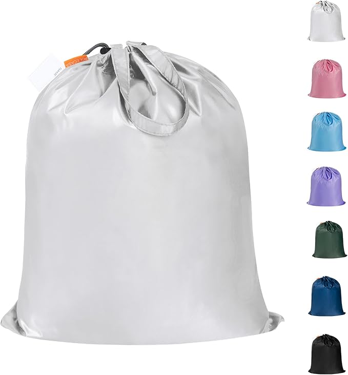 Polecasa Small Heavy Duty Laundry Bag with drawstring closure and Reinforced Handles, Easy to Carry Dirty Clothes Drawstring Bag for Travel, Camp 21”x24”, Silver