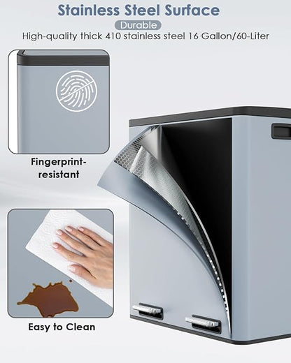AthLike 60L Dual Trash Can, Stainless Steel Kitchen Garbage Can, Double - Image 4