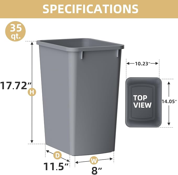 35 Quart Plastic Trash Can, Under Canbinet Waste Bin, 9-Gallons Slim Trash Can - Image 3