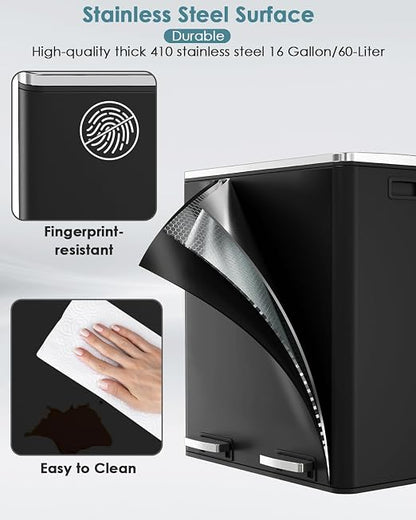 AthLike 60L Dual Trash Can, Stainless Steel Kitchen Garbage Can, Double - Image 4