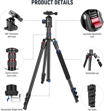 NEEWER 77” Camera Tripod Monopod with Phone Holder, Portable Travel Tripod with Remote, 360° Ball Head, 2 Axis Center Column, Arca QR Plate and Bag, Aluminum DSLR Tripod 34lb Max Load, TP77