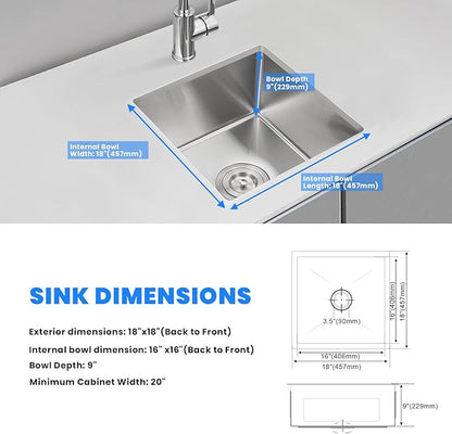 POPFLY 18 x 18 Inch Undermount Kitchen Sinks, Stainless Steel Single Bowl 9 Inches Deep Utility Small Bar or Prep Sinks, Brushed Nickel Laundry Room Sink（18×18×9）