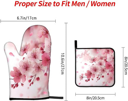 LOKMU Oven Mitts and Pot Holders Set of 3, Watercolor Pink Cherry Blossoms - Image 3