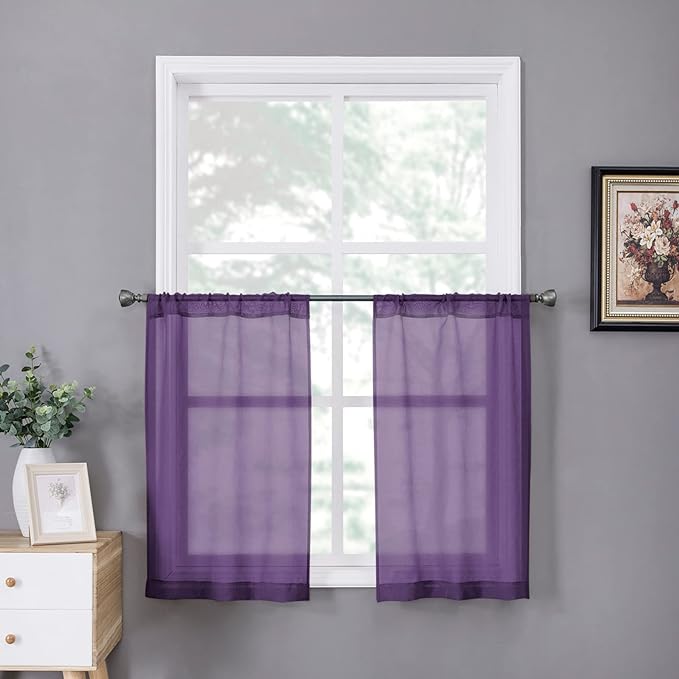 Tollpiz Short Sheer Tier Curtains Linen Textured Half Kitchen Curtain Sheers Light Filtering Rod Pocket Voile Small Curtain for Bathroom, 25 x 24 inches Long, Royal Purple, Set of 2 Panels