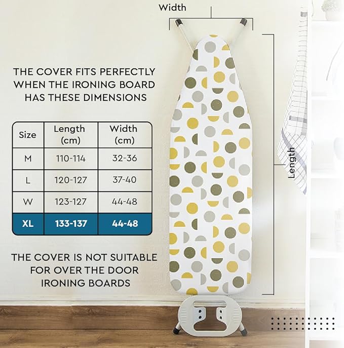 Encasa XO Ironing Board Cover and Pad 57"x22" - Thick 3mm Felt Padding, Drawstring Tightening & Lock, Easy Fit, Scorch & Stain Resistant, Fits X-Large Ironing Board - Big Leaves Green