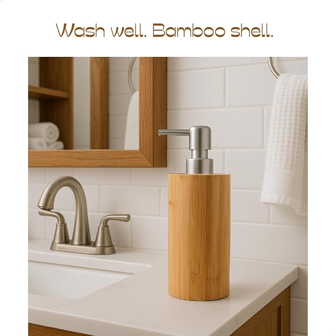 2 Pack Natural Bamboo Liquid Soap Dispensers, 10 oz Refillable Bottles - Image 2