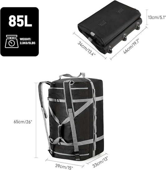 Foldable Rolling Duffle Bag with Wheels, 85L Extra Large Wheeled Travel Duffel, Waterproof Collapsible Weekender Luggage with Rollers for Storage Camping Sports Outdoor, Gray