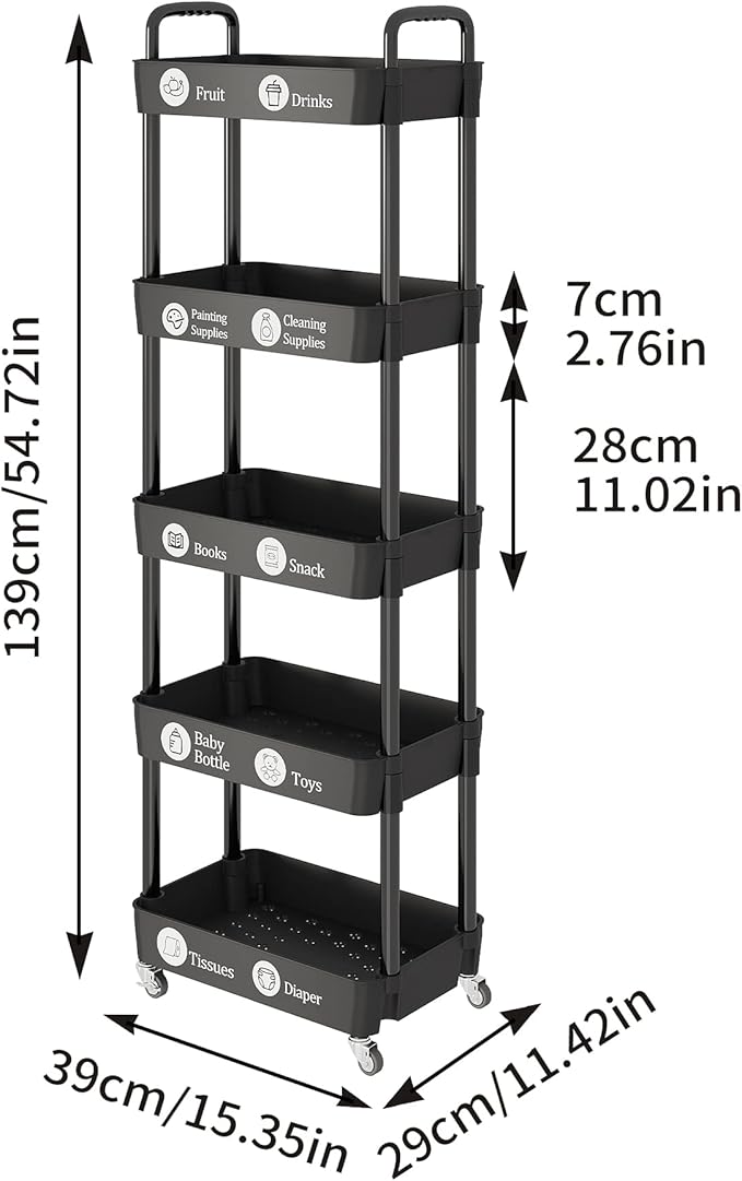 Laiensia Storage Cart,Multifunction Utility Rolling Cart Kitchen Storage Organizer,Mobile Shelving Unit Cart with Lockable Wheels for Bathroom,Laundry,with Classified Stickers