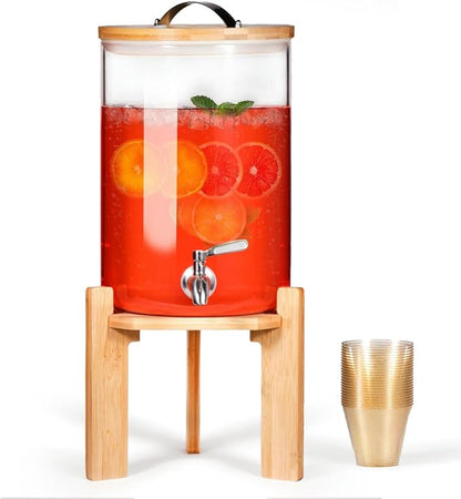 Glass Beverage Dispenser with Bamboo Stand and Lid, Iced 2.1 Gallon Drink by StrirumoHome