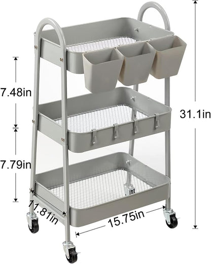 danpinera 3-Tier Rolling Cart, Metal Rolling Storage Cart - Image 3