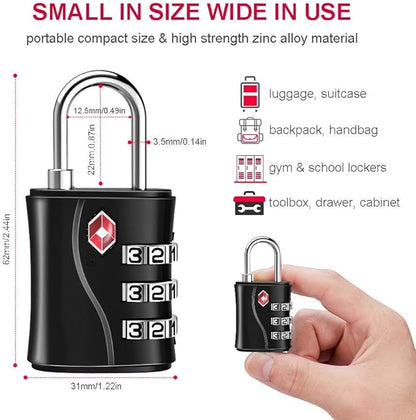 ZHEGE Luggage Locks TSA Approved, Small Padlock for Travel, Suitcase, Backpack, Laptop Bag and Handbag-Easy to Set with Alloy Body (Black)